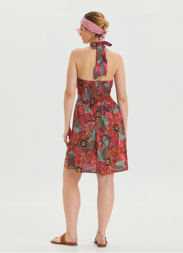 V Neck Halter Neck Red Floral Dress 4544